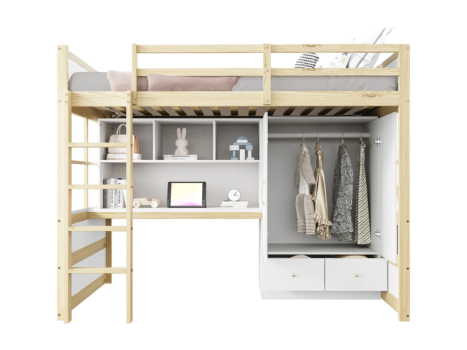Lit mezzanine enfant - 90 x 200 cm - avec échelle + bureau + penderie + 2 tiroirs - bois - blanc + naturel