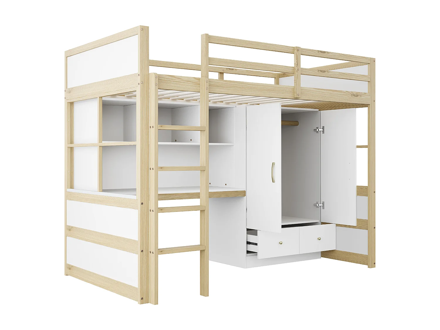 Lit mezzanine enfant - 90 x 200 cm - avec échelle + bureau + penderie + 2 tiroirs - bois - blanc + naturel