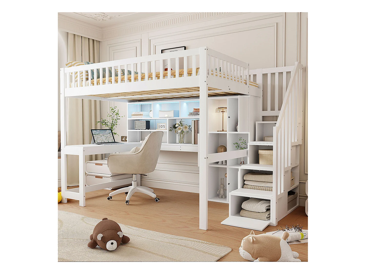 Lit mezzanine enfant - 140 x 200 cm - avec Leds + échelle de rangement + étagères + bureau - bois - blanc