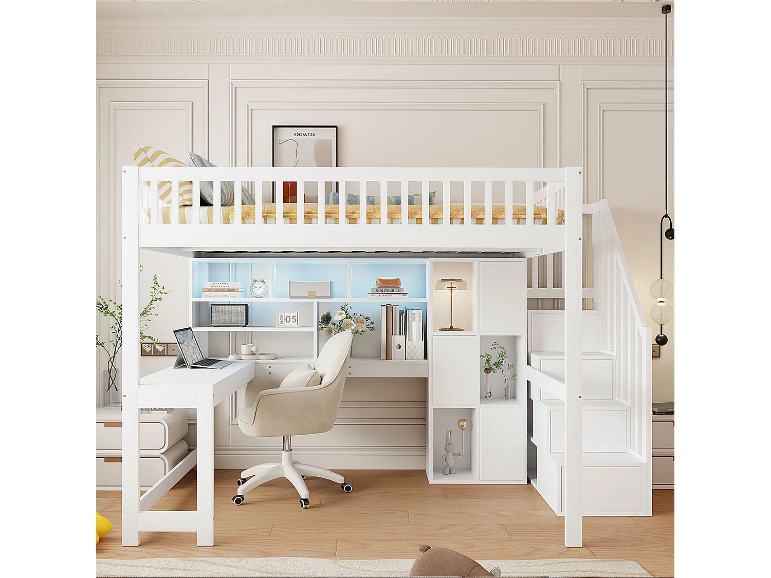 Kinderhoogslaper - 140 x 200 cm - met LED's + opbergladder + planken + bureau - hout - wit