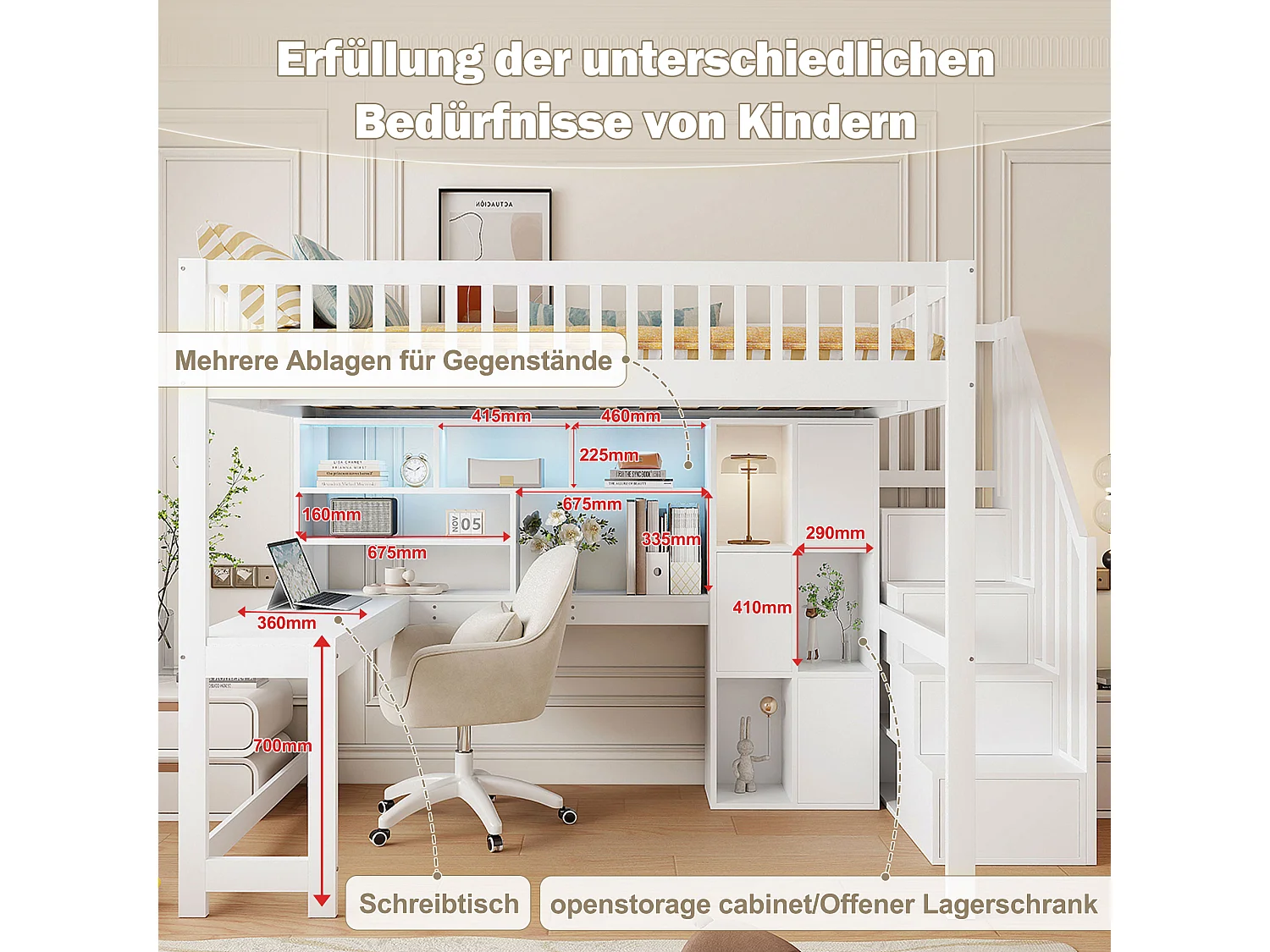 Kinderhoogslaper - 140 x 200 cm - met LED's + opbergladder + planken + bureau - hout - wit