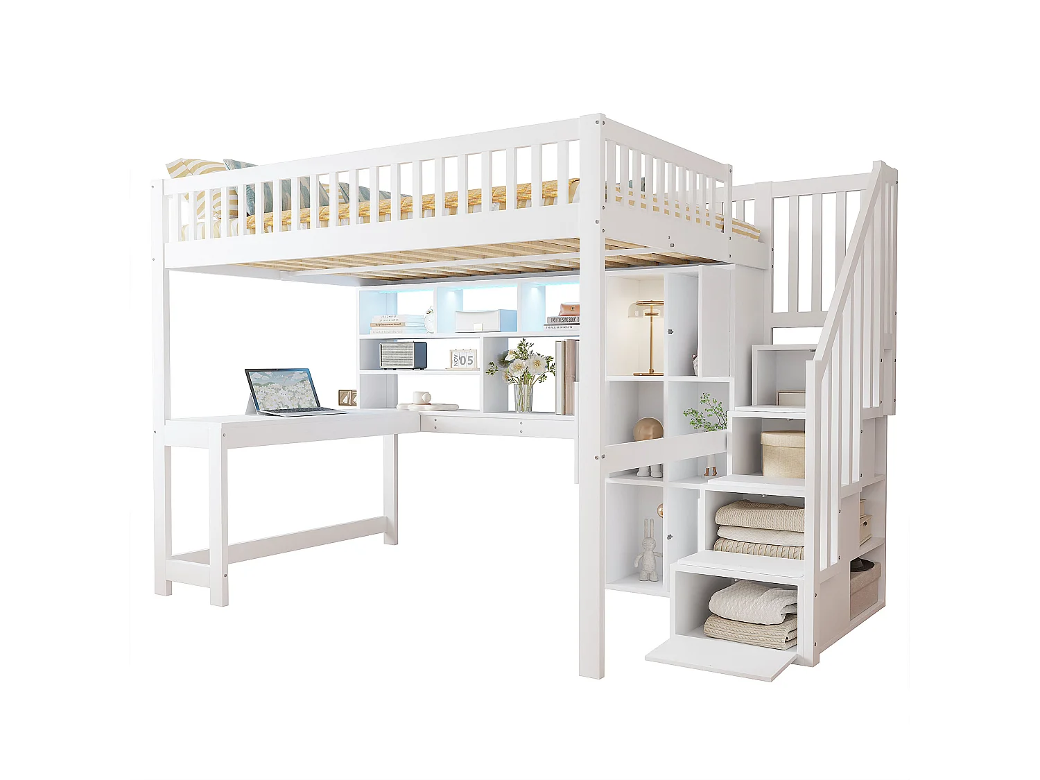 Kinderhoogslaper - 140 x 200 cm - met LED's + opbergladder + planken + bureau - hout - wit