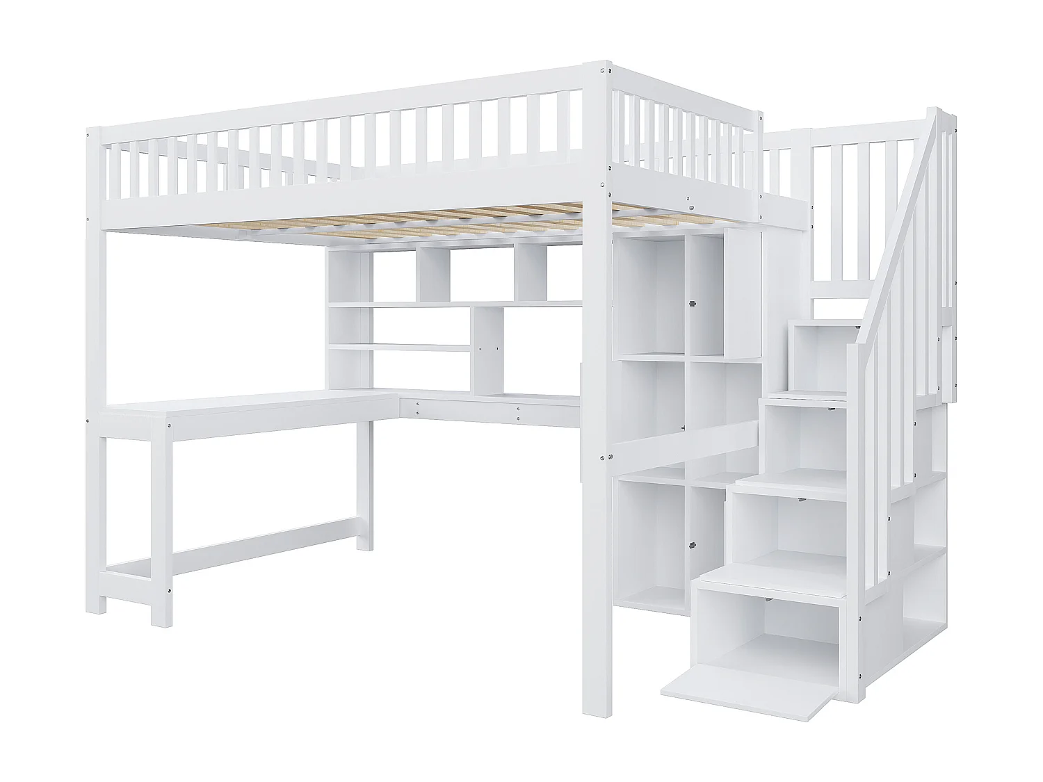 Kinderhoogslaper - 140 x 200 cm - met LED's + opbergladder + planken + bureau - hout - wit