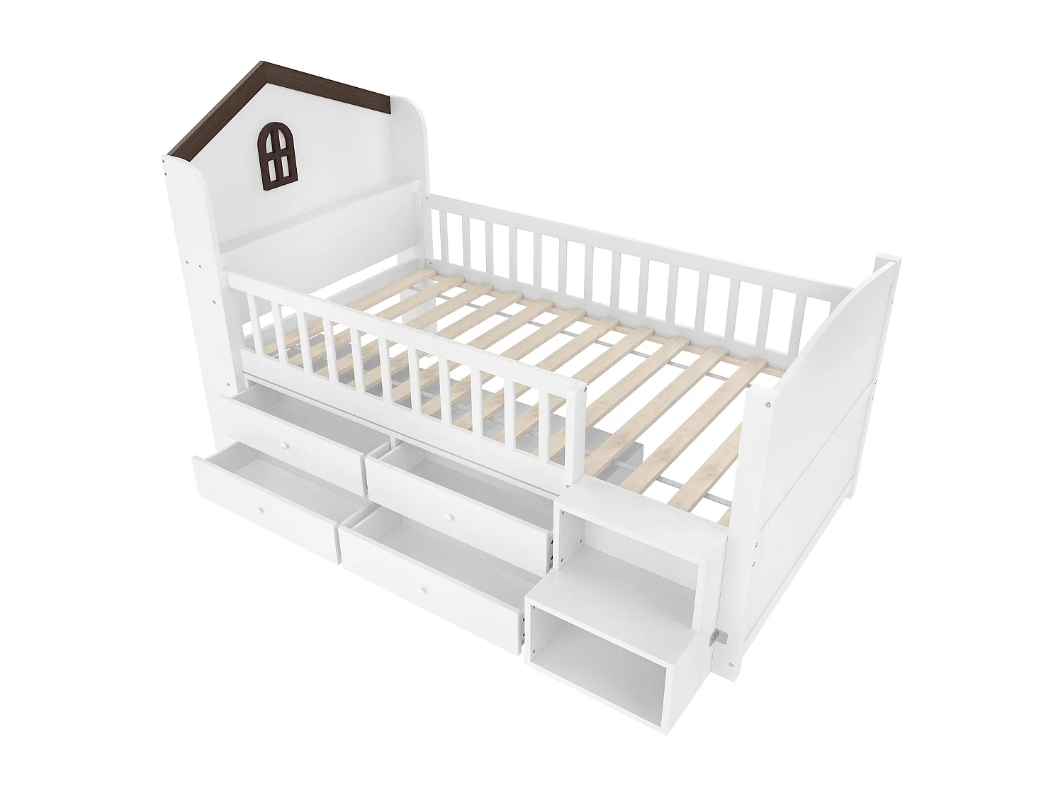 Lit mi-hauteur pour enfant - 90 x 200 cm - forme maison - avec fenêtre + 4 tiroirs + Leds - bois - blanc