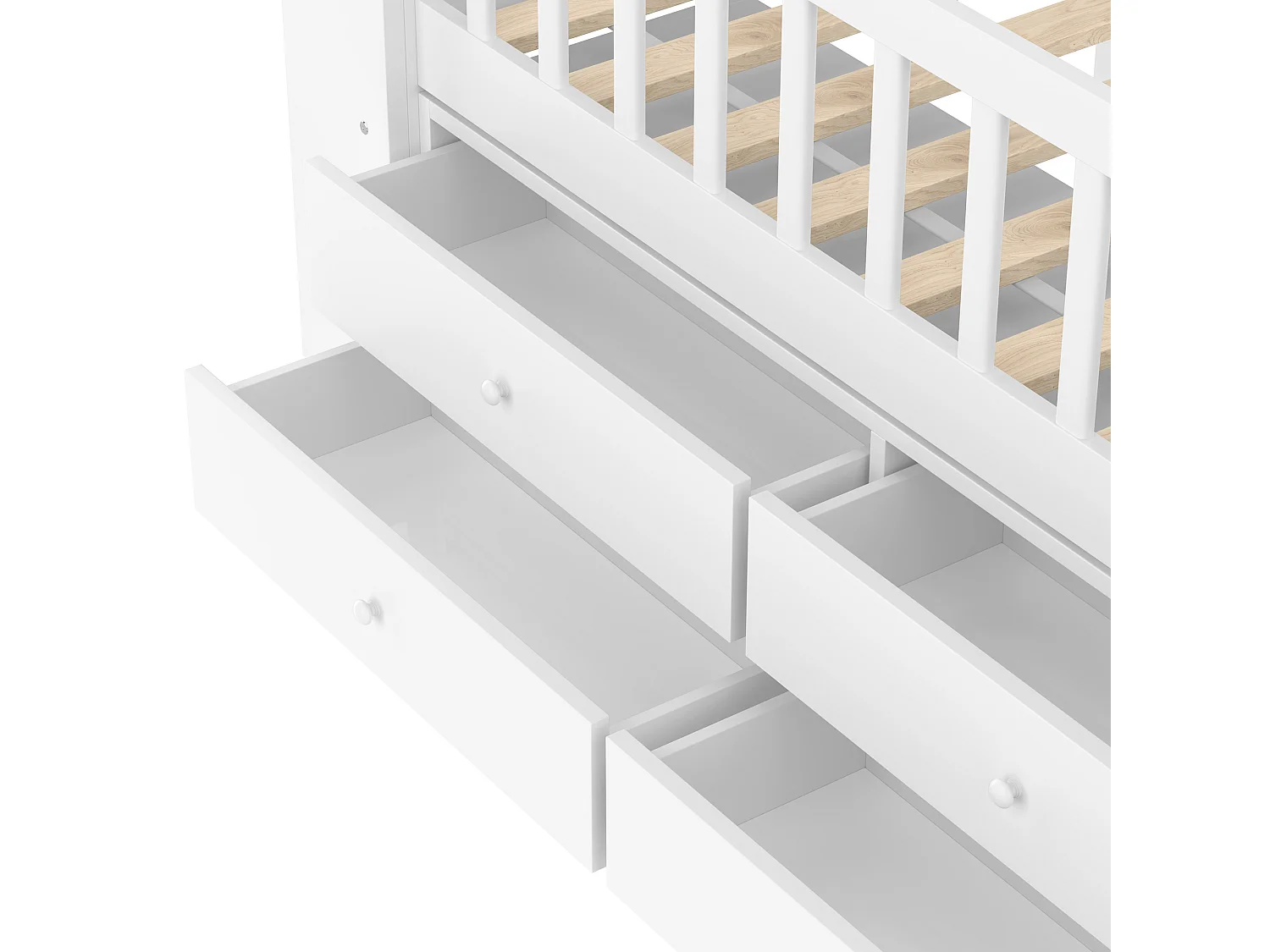 Lit mi-hauteur pour enfant - 90 x 200 cm - forme maison - avec fenêtre + 4 tiroirs + Leds - bois - blanc