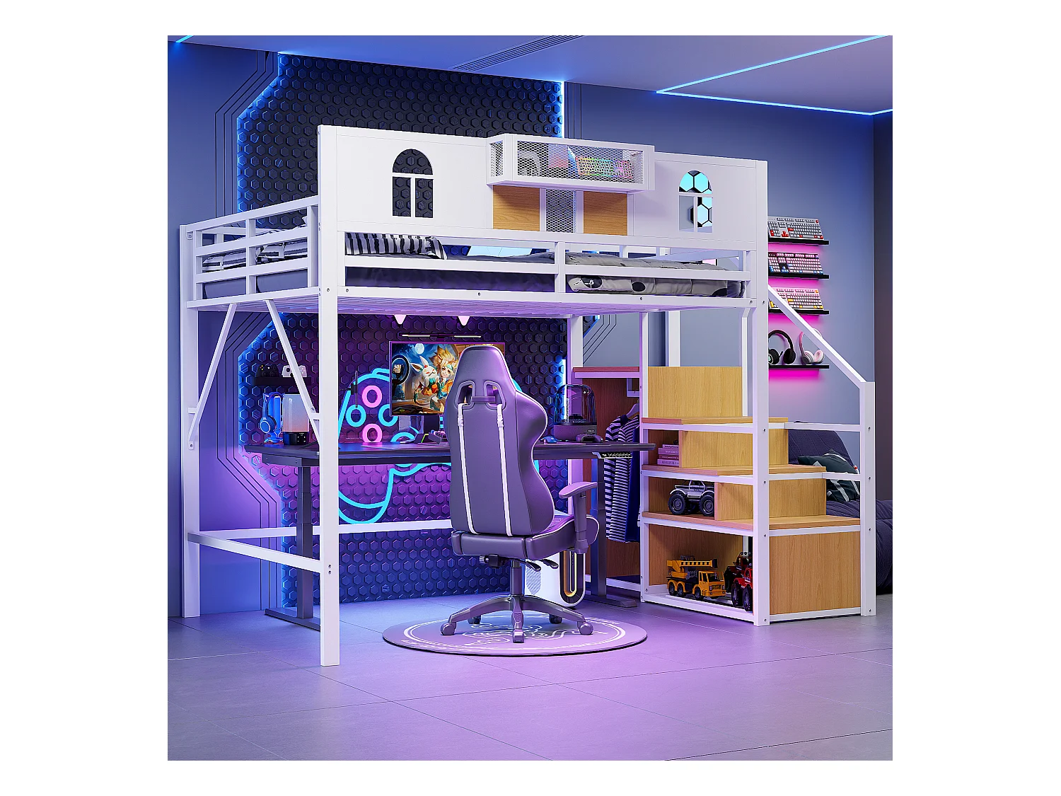 Lit mezzanine en métal - 140 x 200 cm - avec échelle de rangement + fenêtre + barrières - blanc