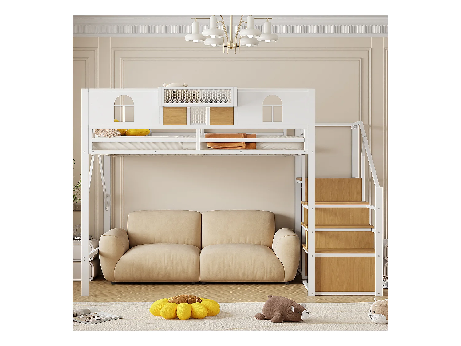 Lit mezzanine en métal - 140 x 200 cm - avec échelle de rangement + fenêtre + barrières - blanc