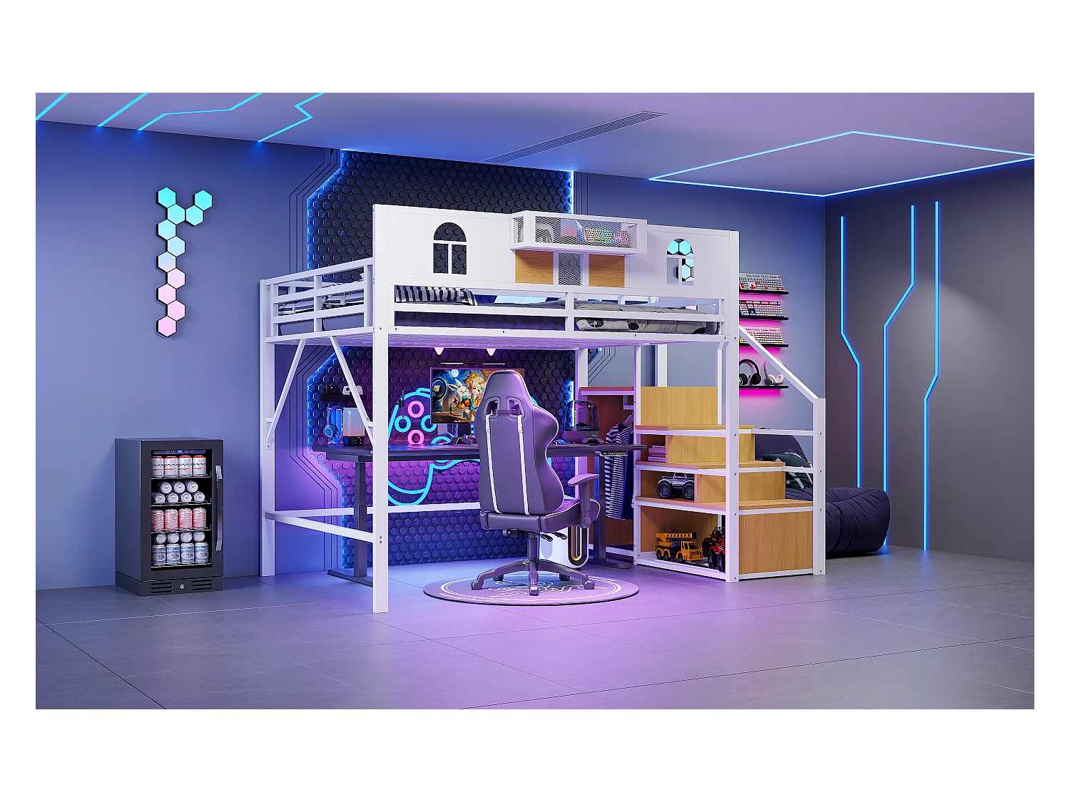 Lit mezzanine en métal - 140 x 200 cm - avec échelle de rangement + fenêtre + barrières - blanc