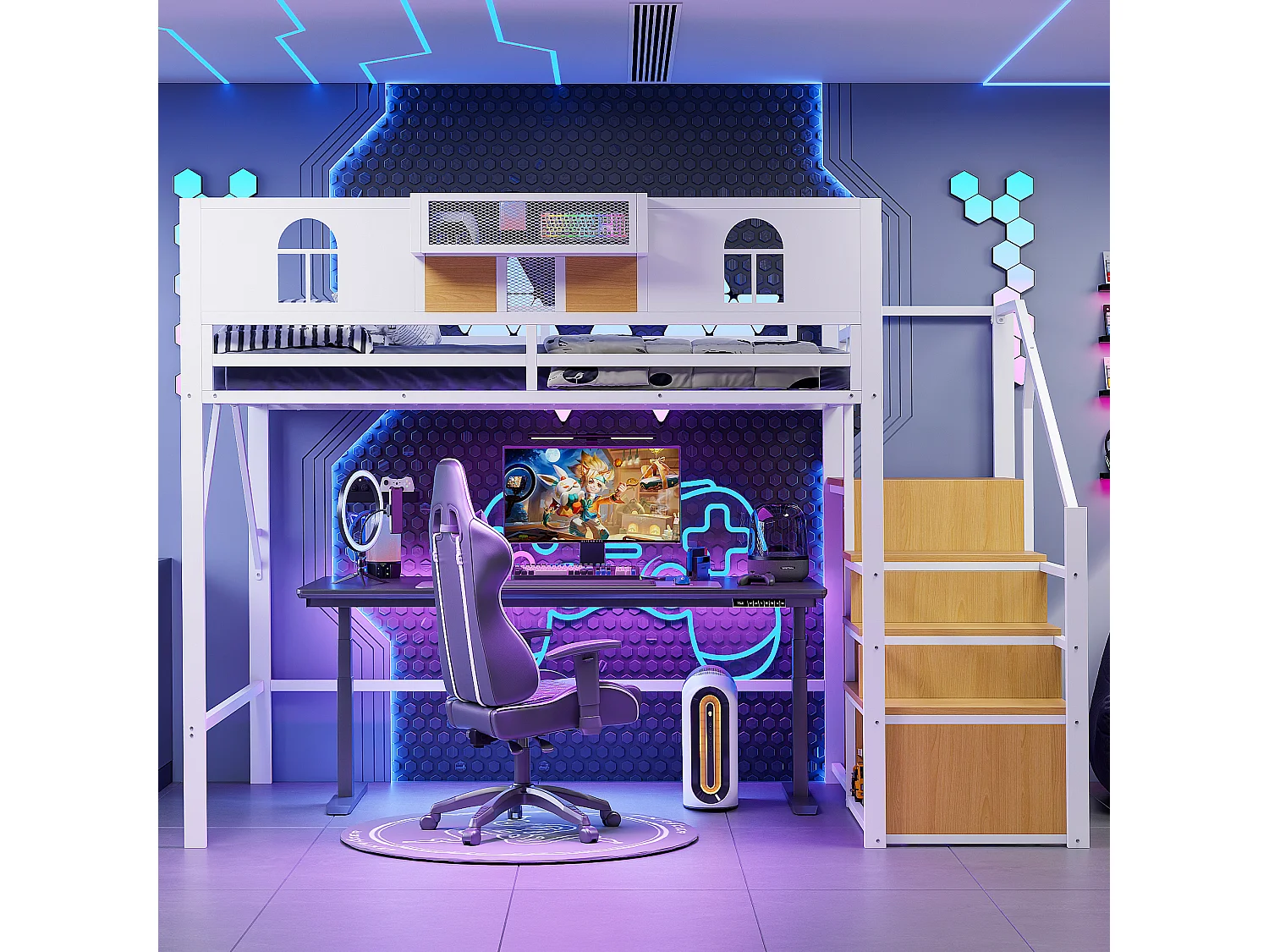 Metall-Hochbett - 140 x 200 cm - mit Stauraumleiter + Fenster + Gitter - weiß