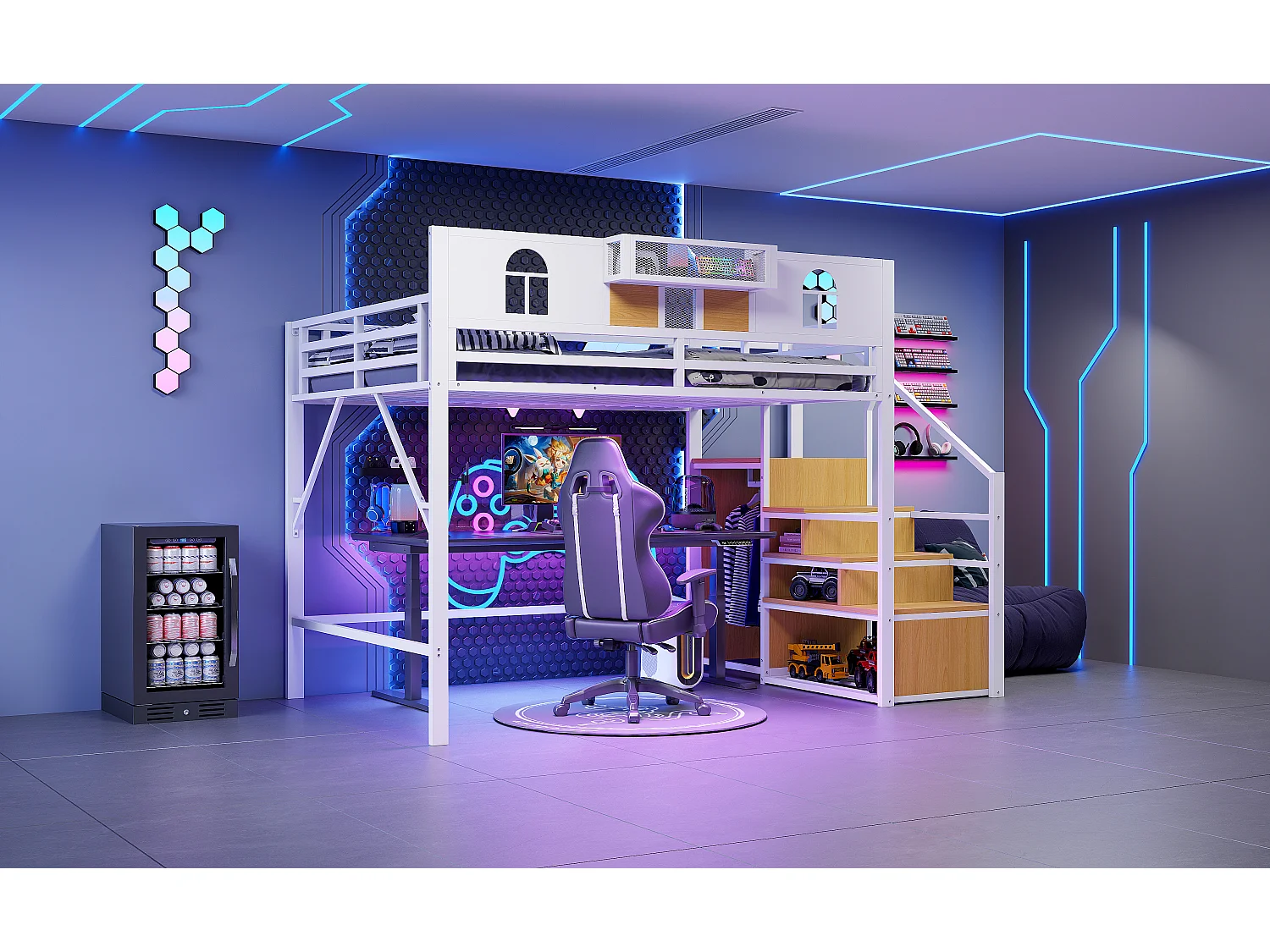 Metall-Hochbett - 140 x 200 cm - mit Stauraumleiter + Fenster + Gitter - weiß