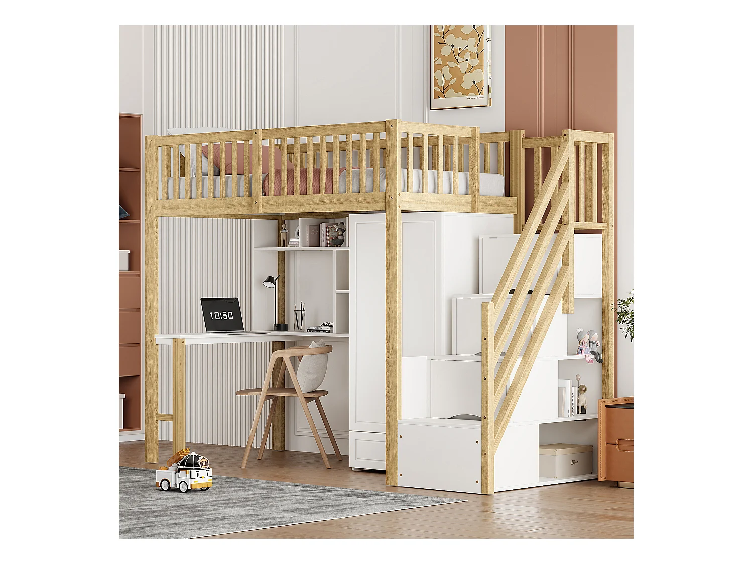 Lit mezzanine enfant - 90 x 200 - avec penderie + table + escalier de rangement - bois - blanc + naturel