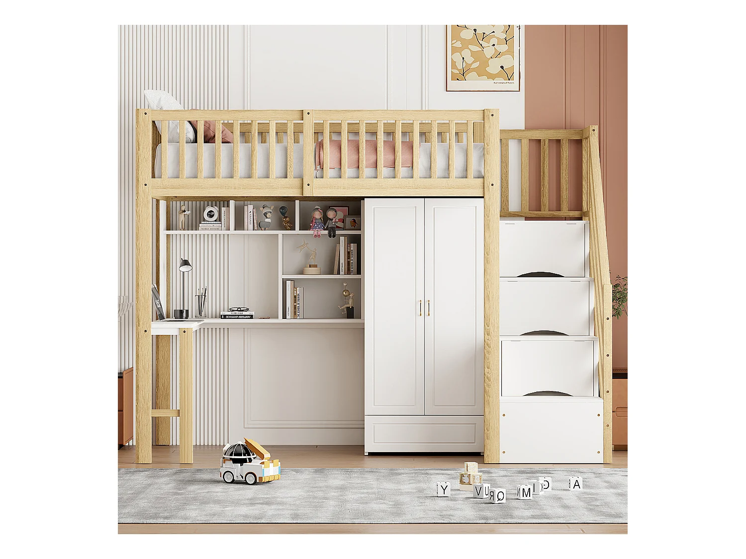 Lit mezzanine enfant - 90 x 200 - avec penderie + table + escalier de rangement - bois - blanc + naturel