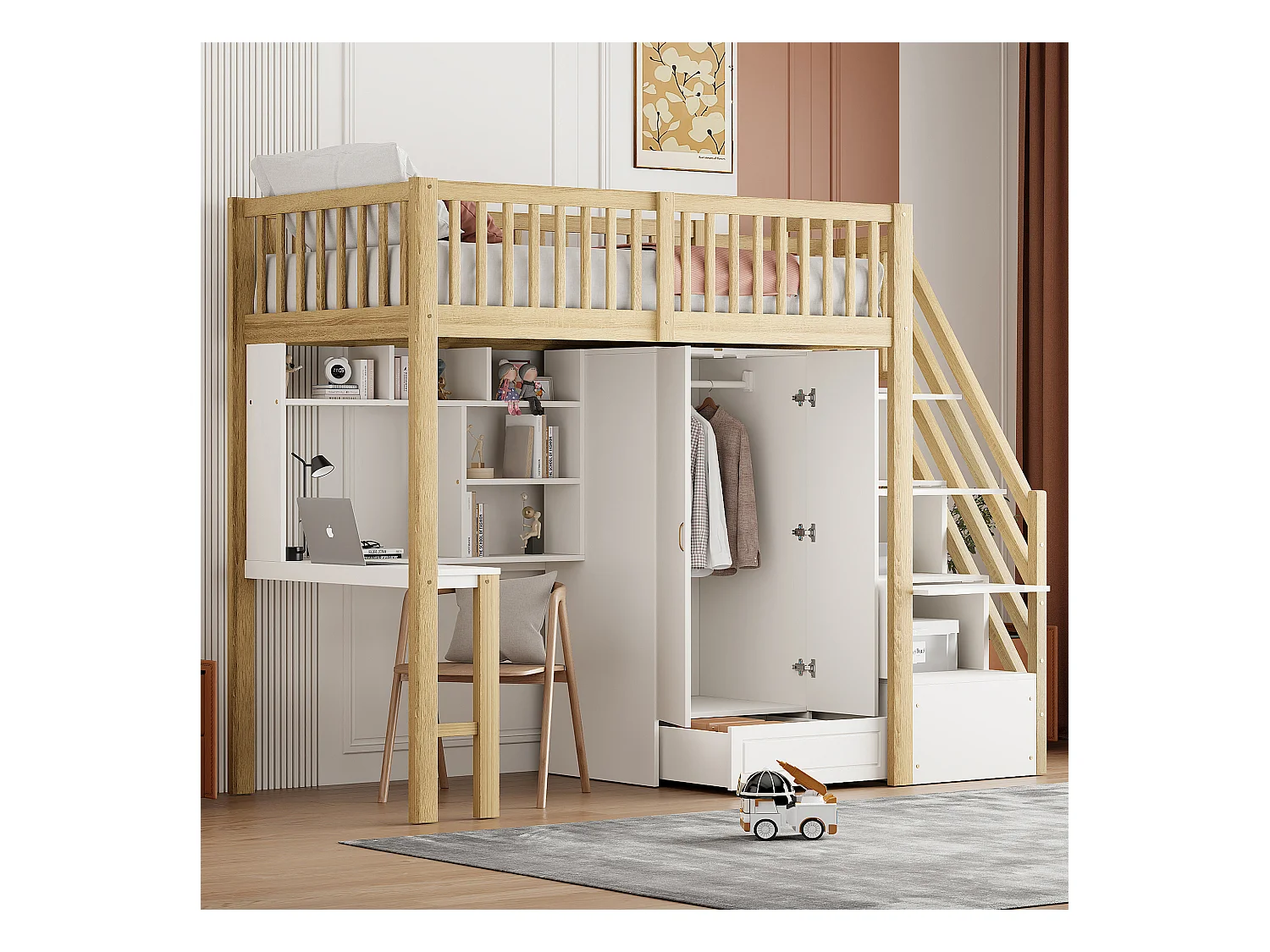 Lit mezzanine enfant - 90 x 200 - avec penderie + table + escalier de rangement - bois - blanc + naturel