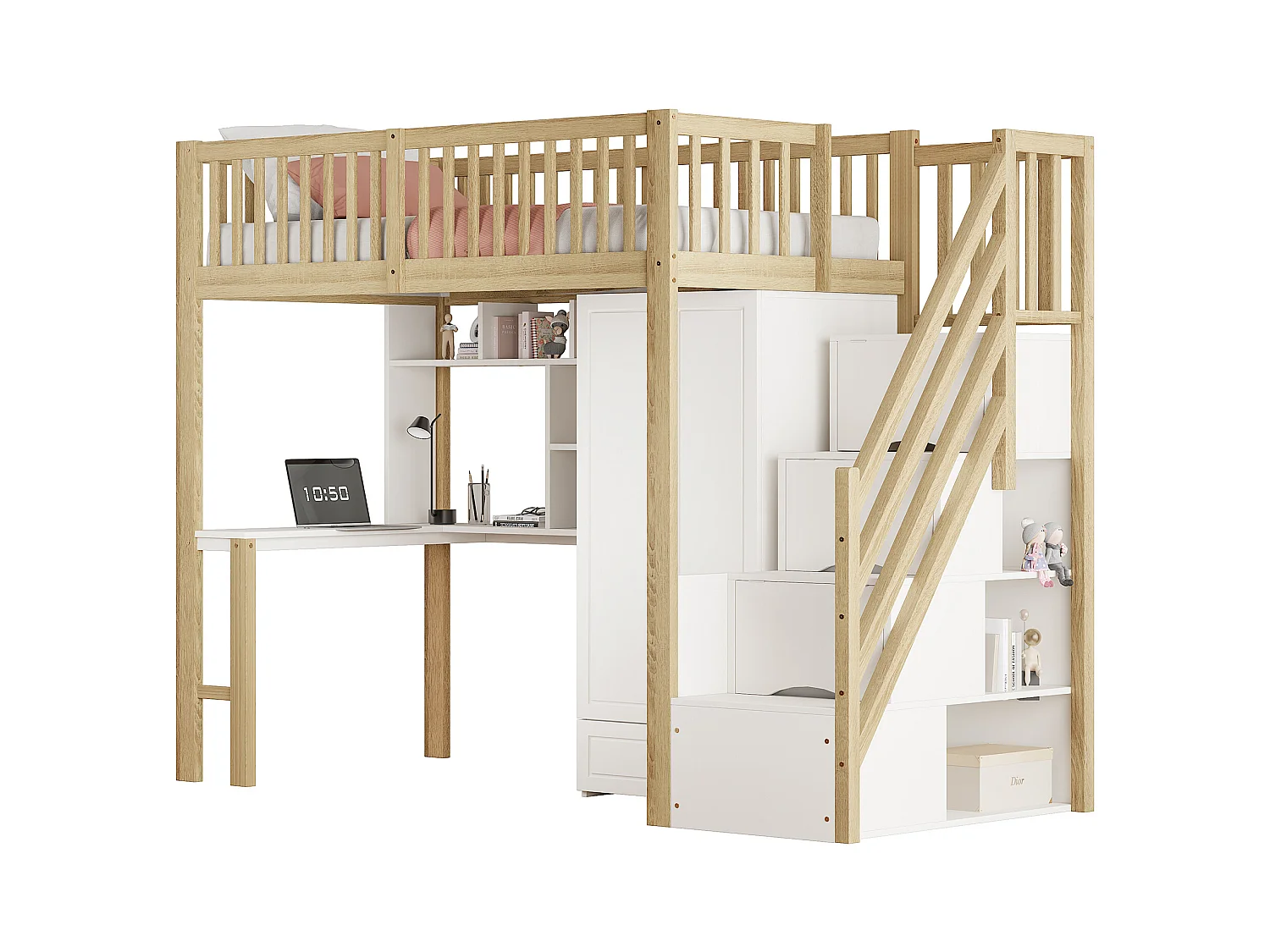 Lit mezzanine enfant - 90 x 200 - avec penderie + table + escalier de rangement - bois - blanc + naturel
