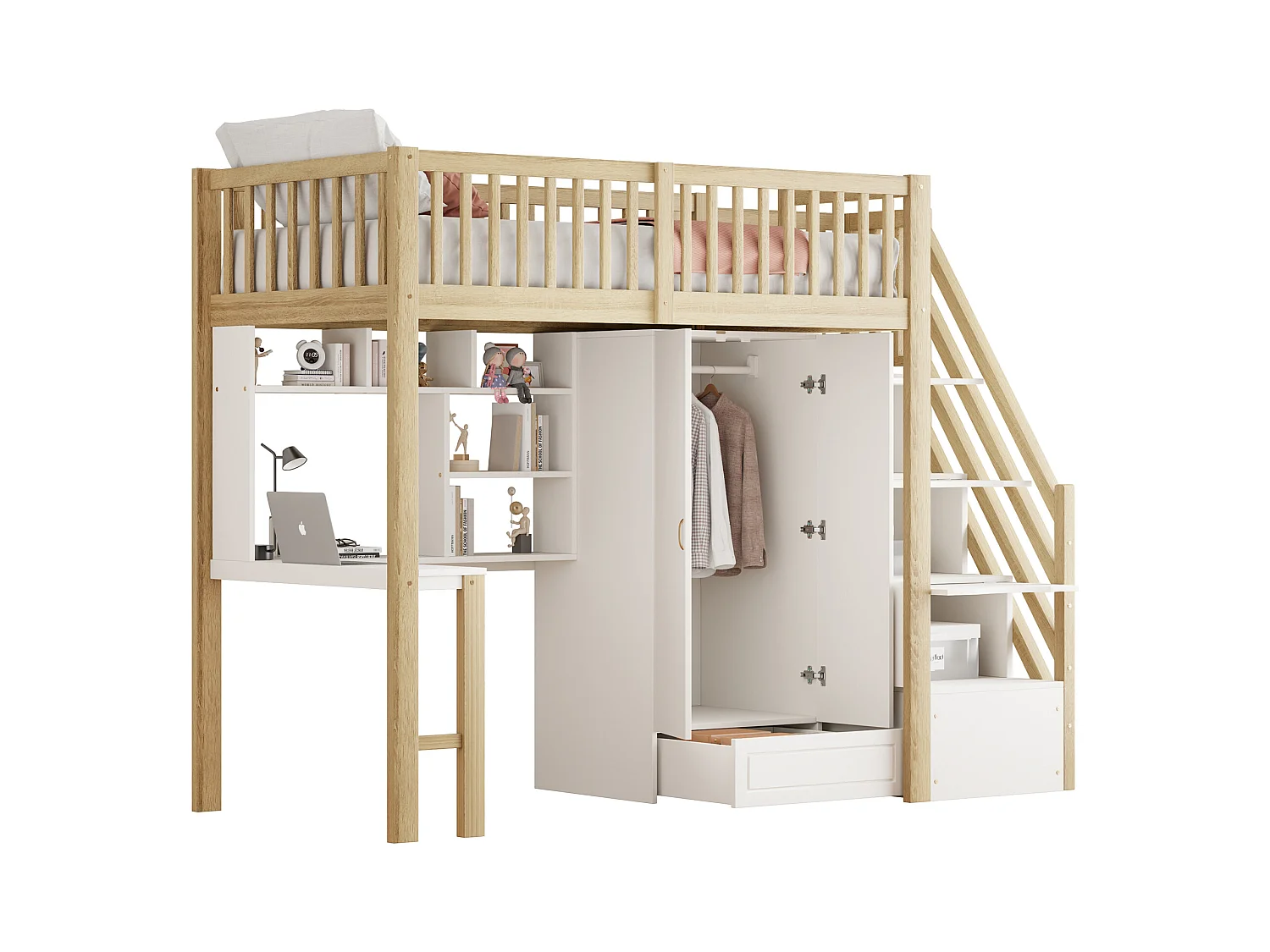 Lit mezzanine enfant - 90 x 200 - avec penderie + table + escalier de rangement - bois - blanc + naturel