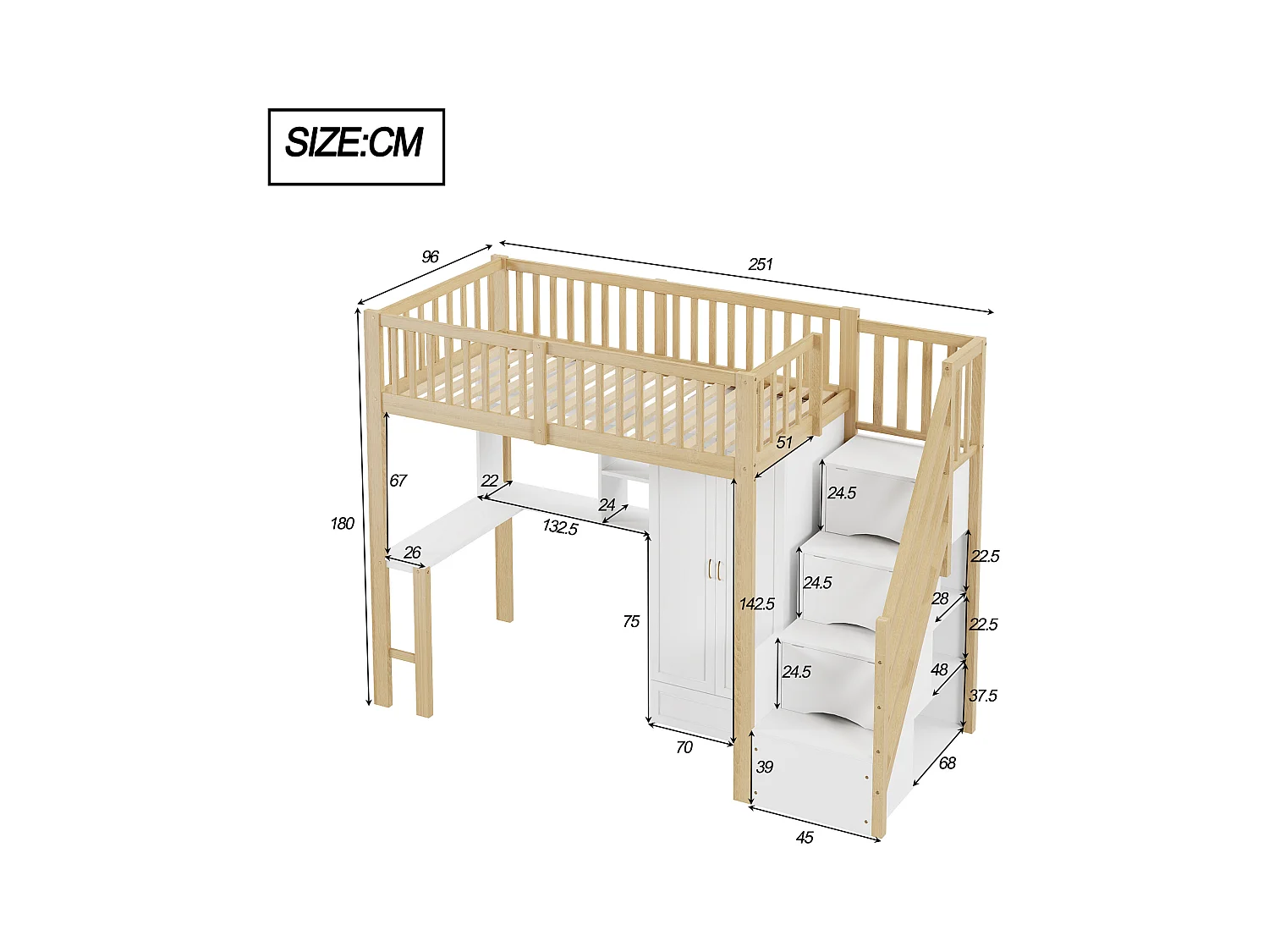Lit mezzanine enfant - 90 x 200 - avec penderie + table + escalier de rangement - bois - blanc + naturel