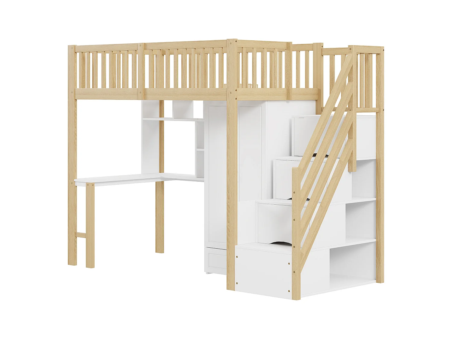 Lit mezzanine enfant - 90 x 200 - avec penderie + table + escalier de rangement - bois - blanc + naturel