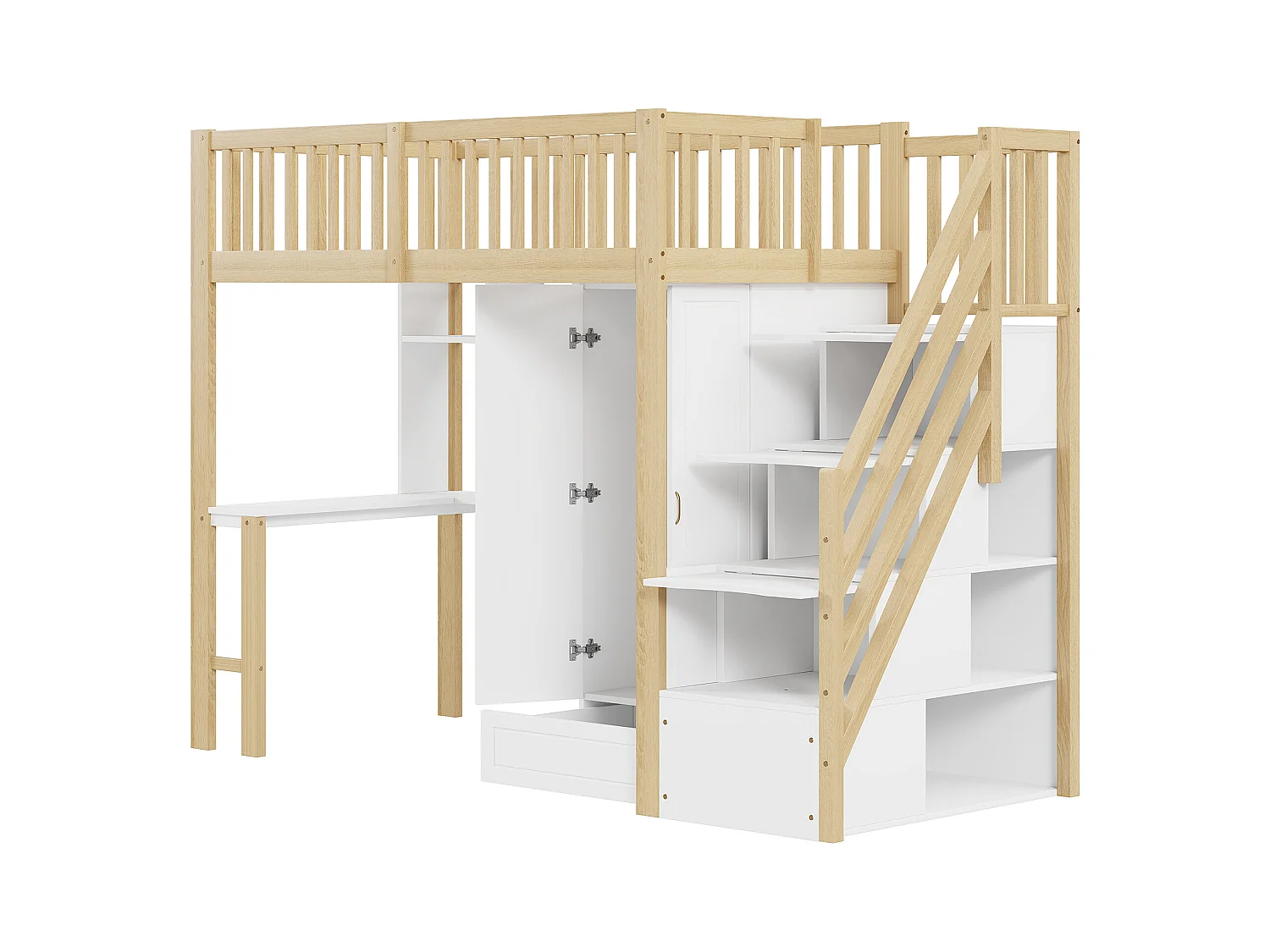 Lit mezzanine enfant - 90 x 200 - avec penderie + table + escalier de rangement - bois - blanc + naturel