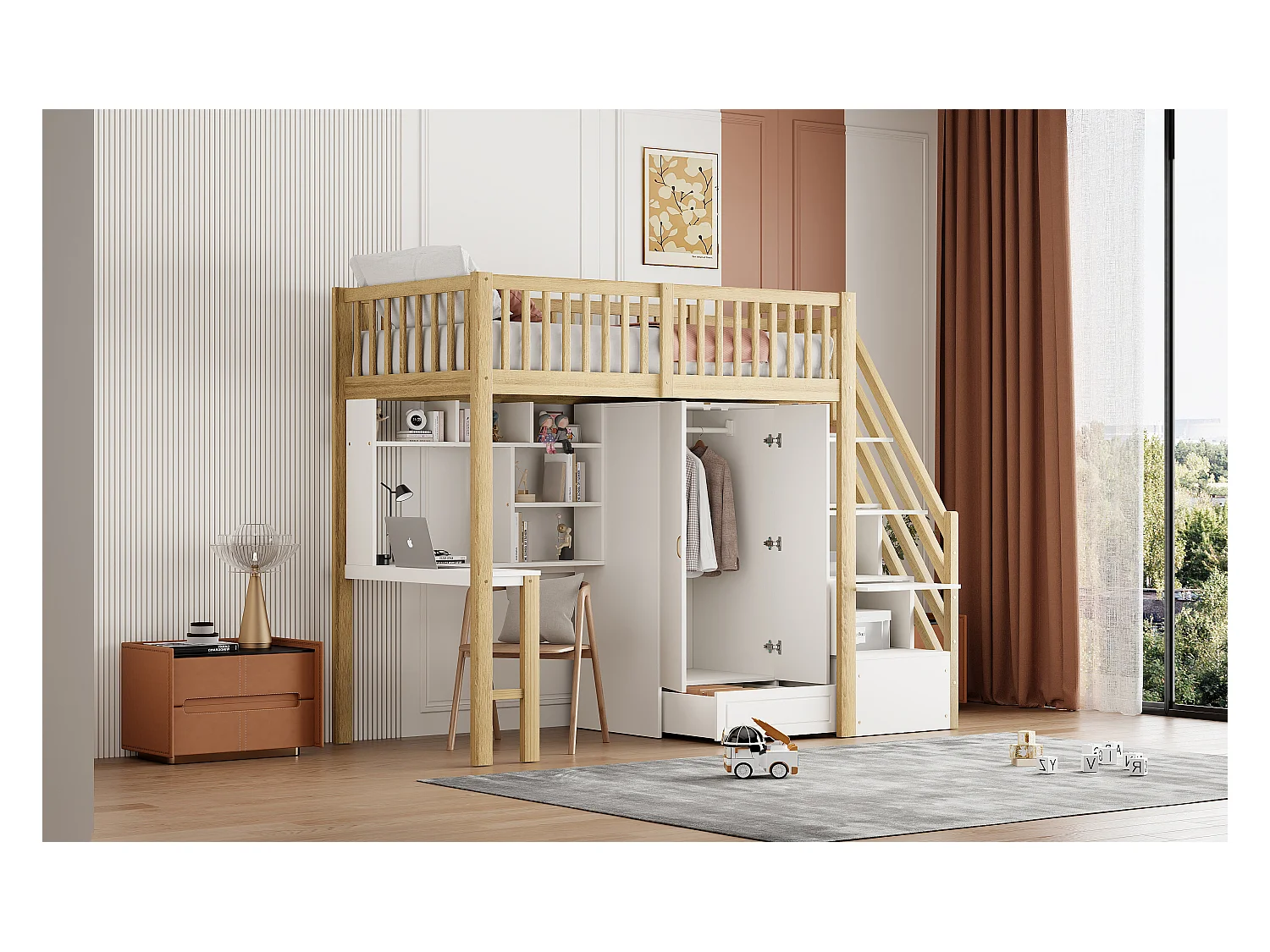 Lit mezzanine enfant - 90 x 200 - avec penderie + table + escalier de rangement - bois - blanc + naturel