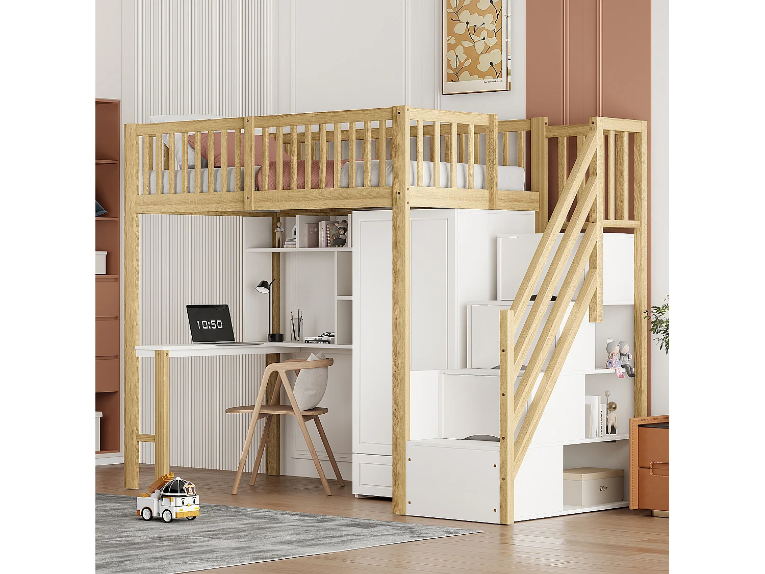 Letto a soppalco per bambini - 90 x 200 - con armadio + tavolo + scaletta portaoggetti - legno - bianco + naturale