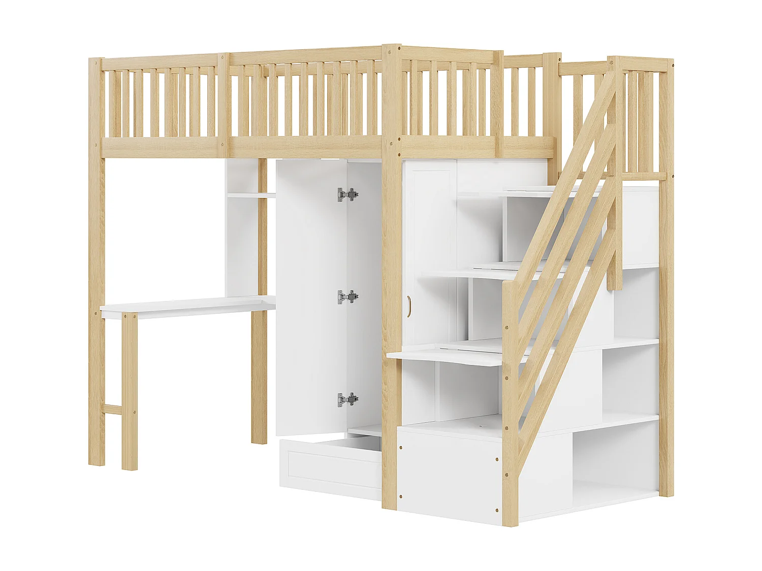 Letto a soppalco per bambini - 90 x 200 - con armadio + tavolo + scaletta portaoggetti - legno - bianco + naturale