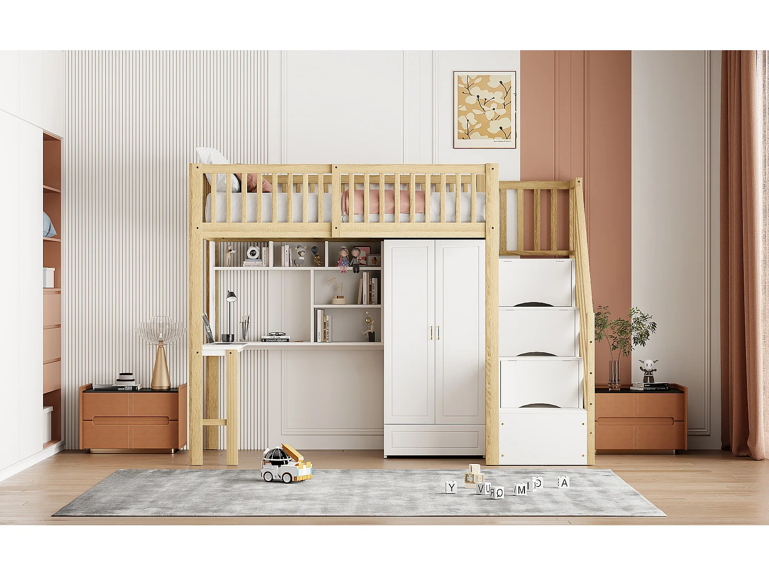 Letto a soppalco per bambini - 90 x 200 - con armadio + tavolo + scaletta portaoggetti - legno - bianco + naturale