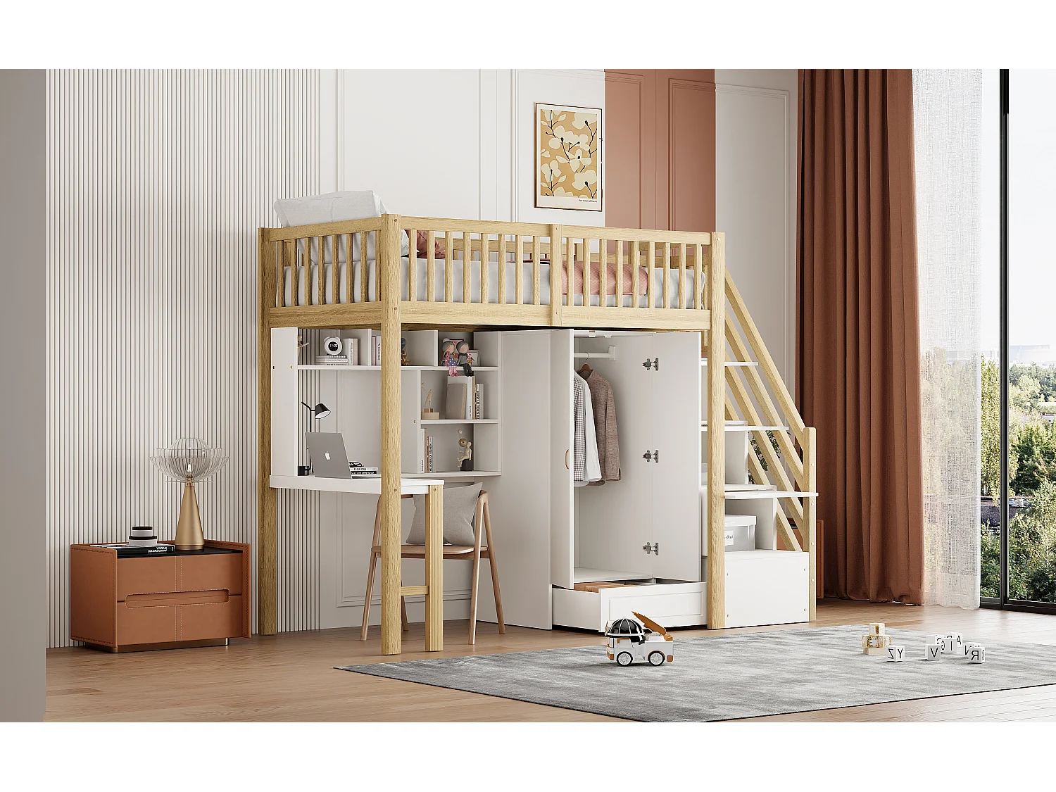 Letto a soppalco per bambini - 90 x 200 - con armadio + tavolo + scaletta portaoggetti - legno - bianco + naturale
