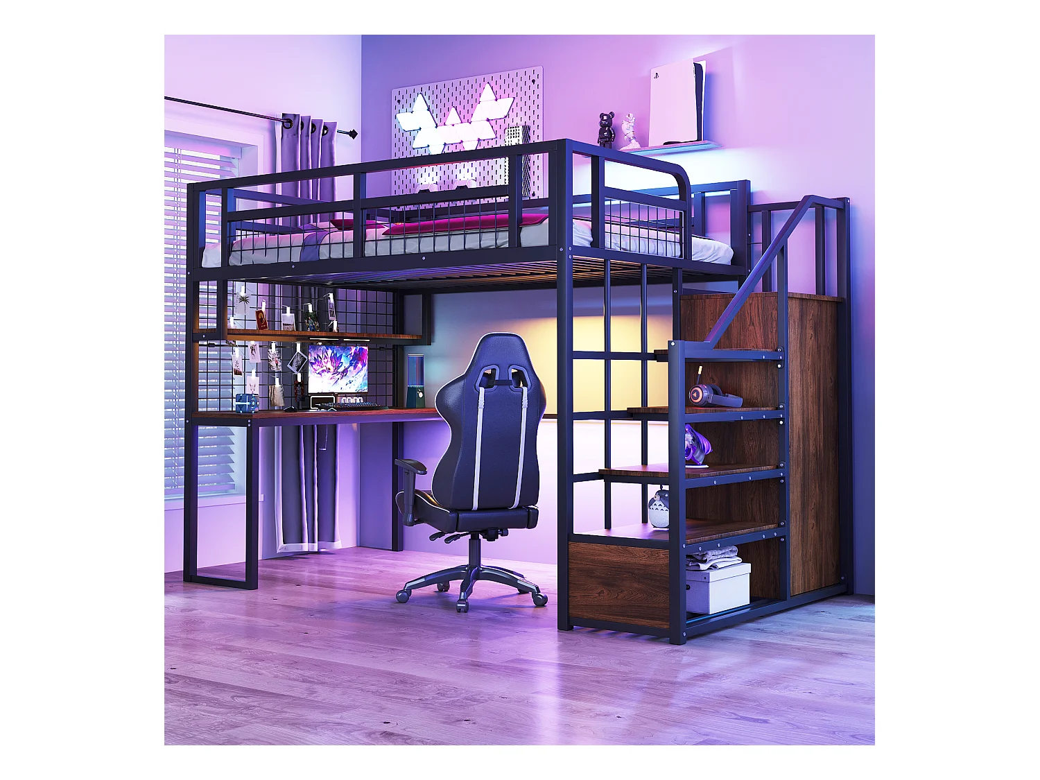 Metall-Hochbett - 140 x 200 cm - mit Stauraumleiter + Kleiderschrank + Tisch - schwarz
