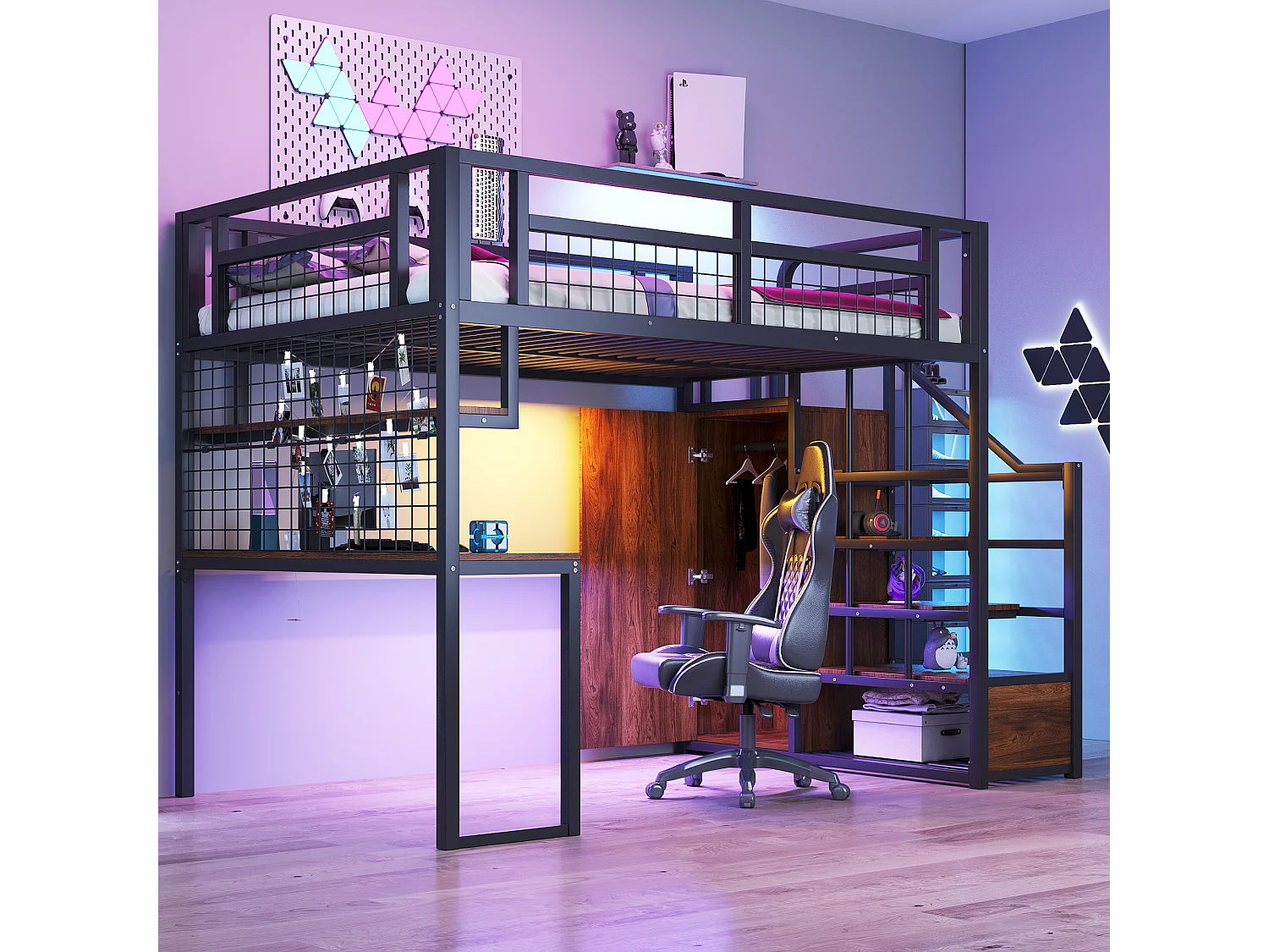 Lit mezzanine en métal - 140 x 200 cm - avec échelle de rangement + penderie + table - noir