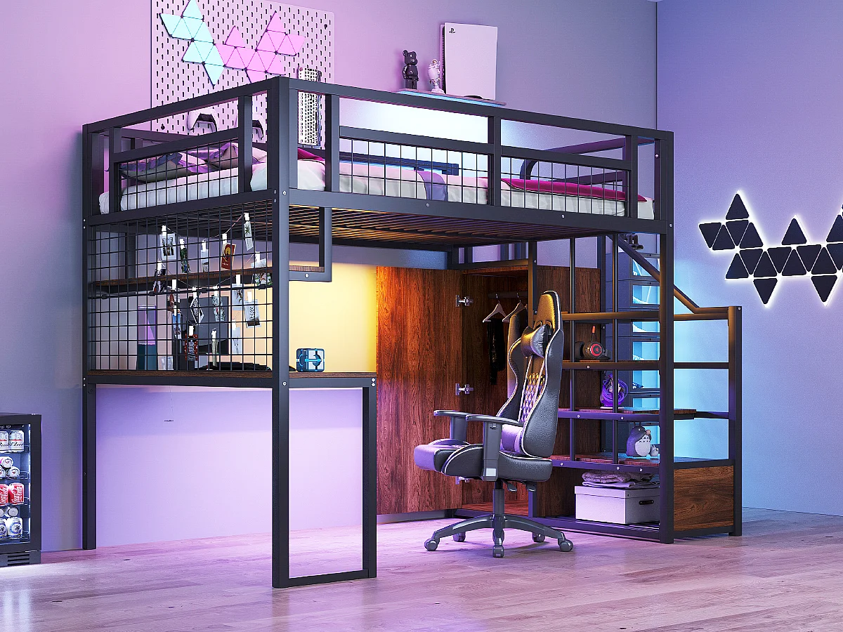 Lit mezzanine en métal - 140 x 200 cm - avec échelle de rangement + penderie + table - noir