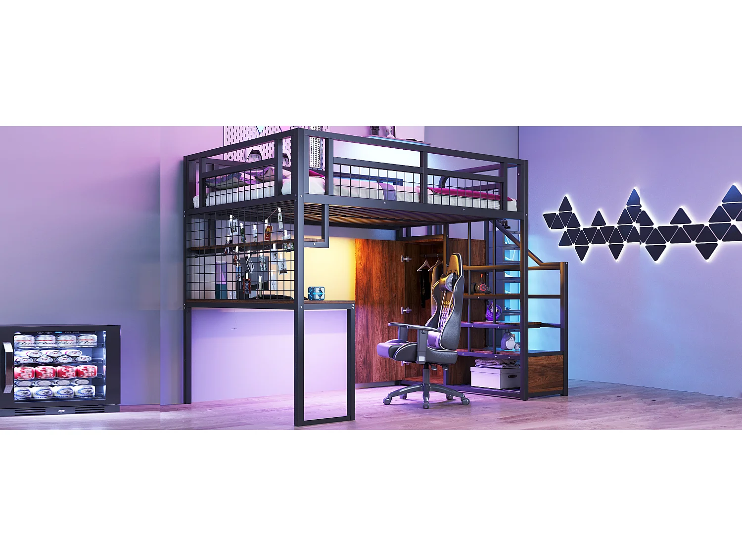 Lit mezzanine en métal - 140 x 200 cm - avec échelle de rangement + penderie + table - noir