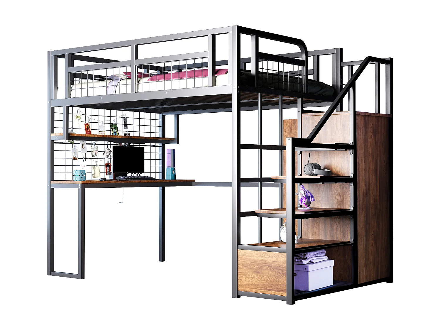 Lit mezzanine en métal - 140 x 200 cm - avec échelle de rangement + penderie + table - noir