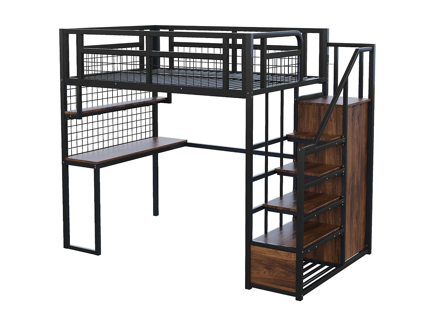 Lit mezzanine en métal - 140 x 200 cm - avec échelle de rangement + penderie + table - noir