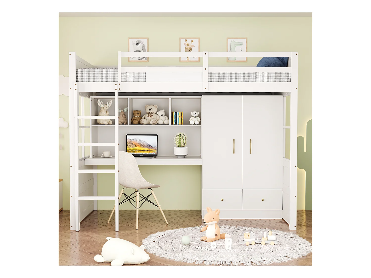 Kinderhochbett - 90 x 200 cm - mit Leiter + Schreibtisch + Kleiderschrank + 2 Schubladen - Holz - weiß