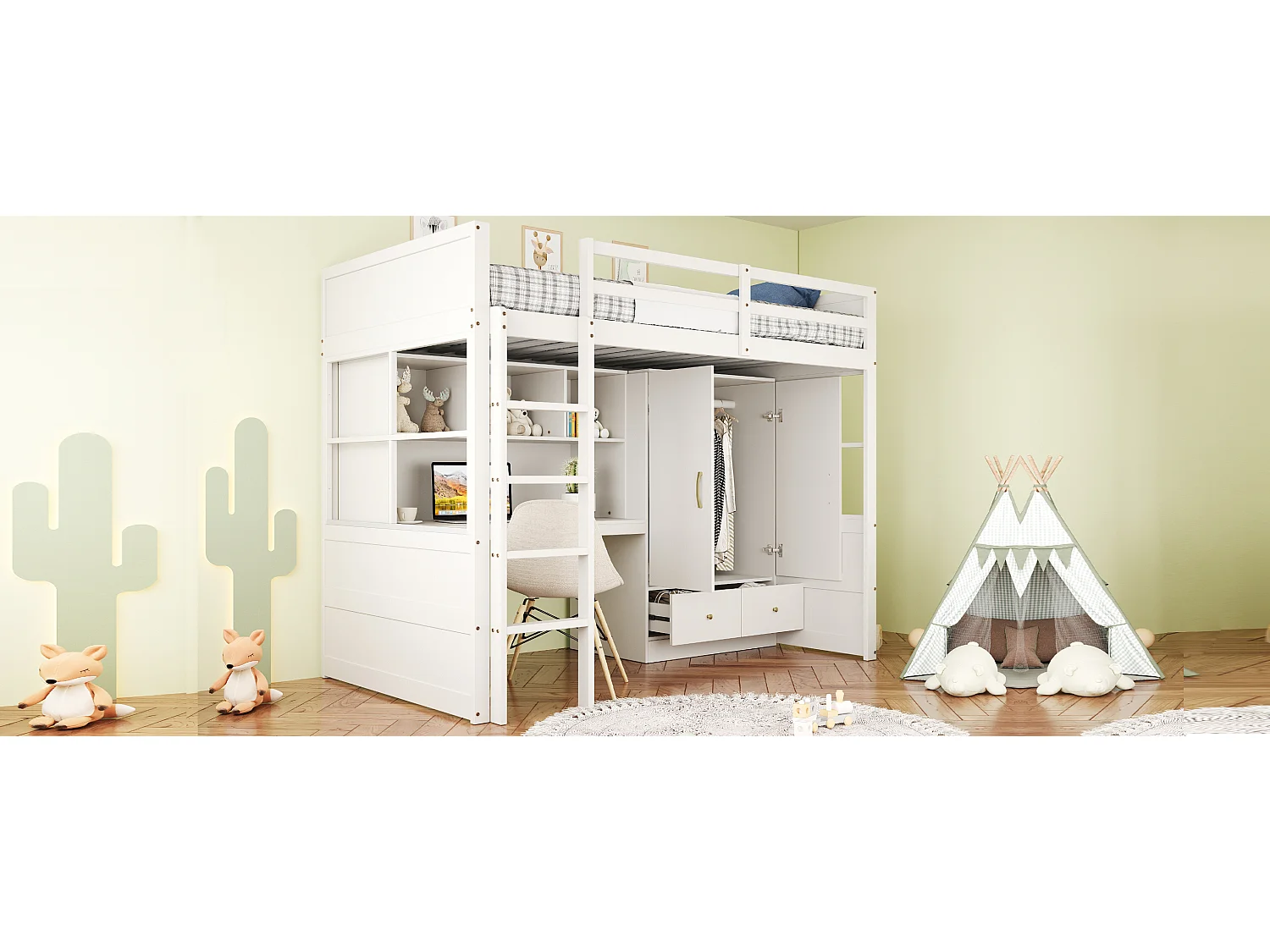 Lit mezzanine enfant - 90 x 200 cm - avec échelle + bureau + penderie + 2 tiroirs - bois - blanc