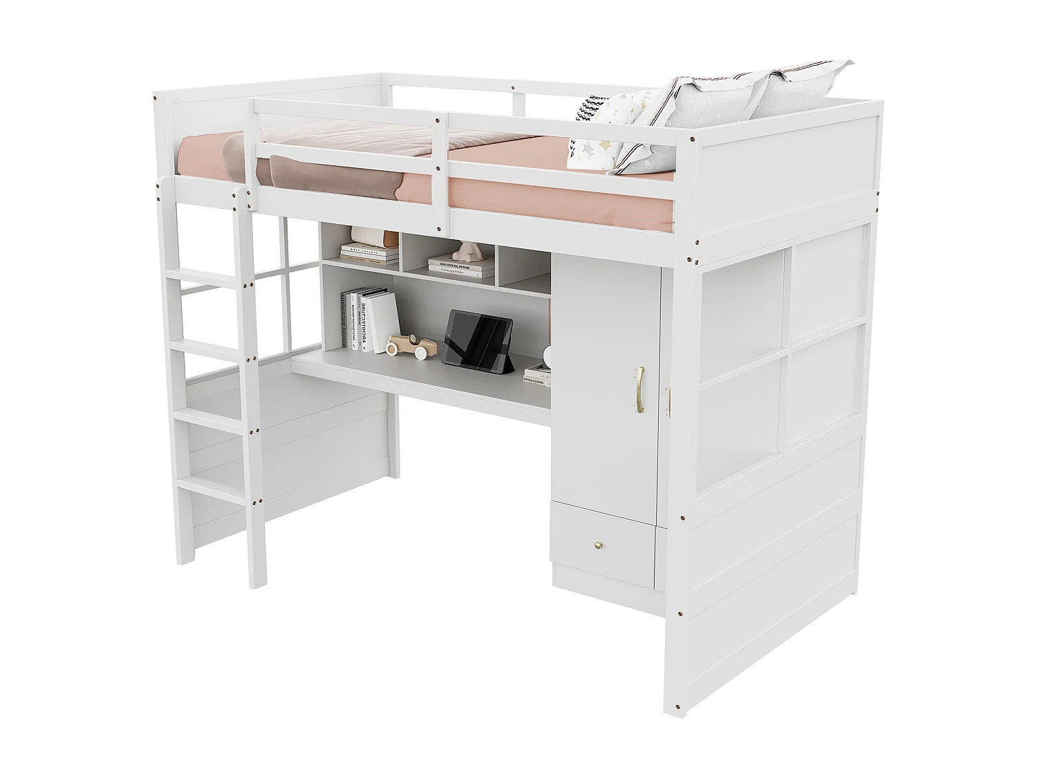Lit mezzanine enfant - 90 x 200 cm - avec échelle + bureau + penderie + 2 tiroirs - bois - blanc