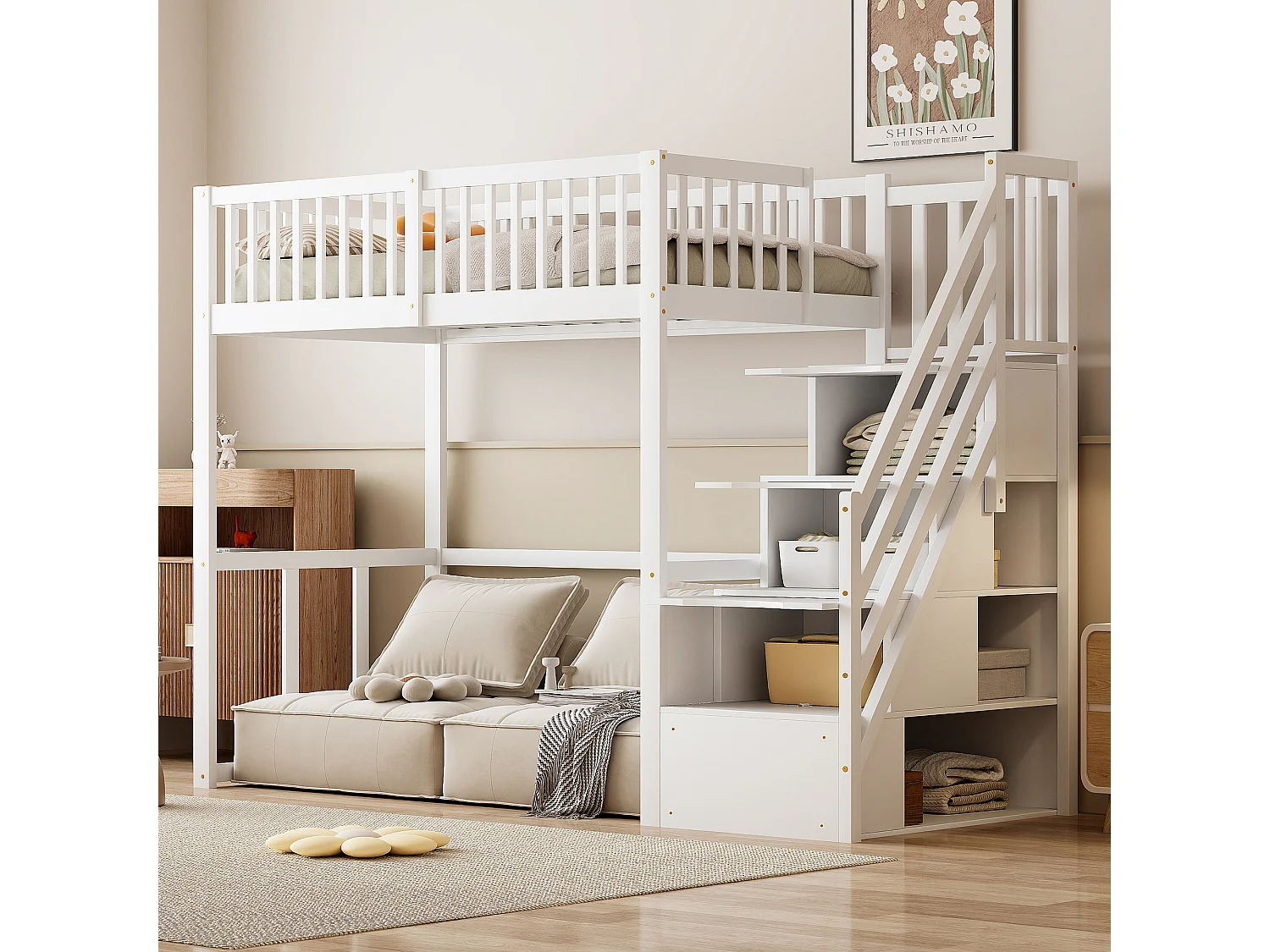 Kinderhochbett - 90 x 200 cm - mit Stauraum in der Treppe - Holz + MDF - weiß