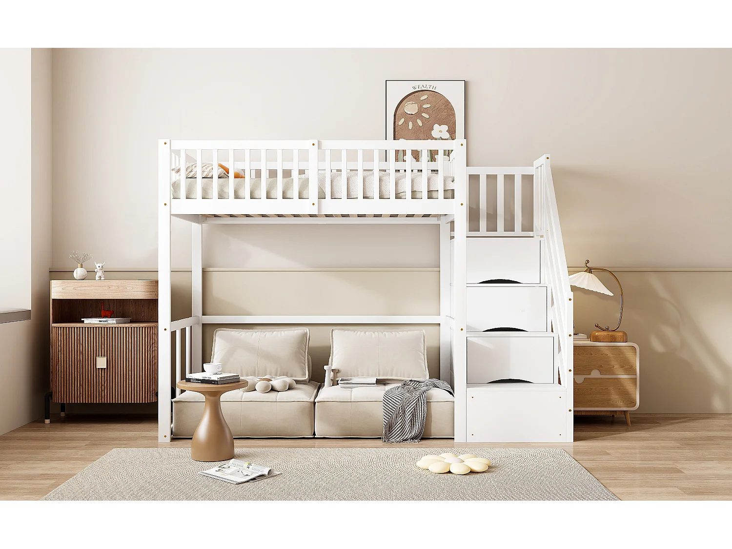 Kinderhochbett - 90 x 200 cm - mit Stauraum in der Treppe - Holz + MDF - weiß