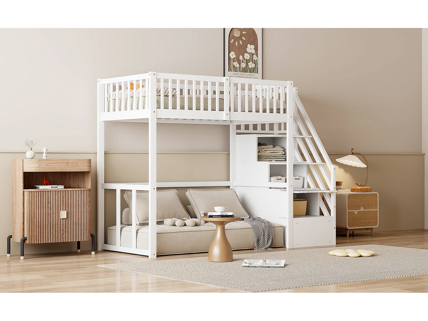 Kinderhochbett - 90 x 200 cm - mit Stauraum in der Treppe - Holz + MDF - weiß