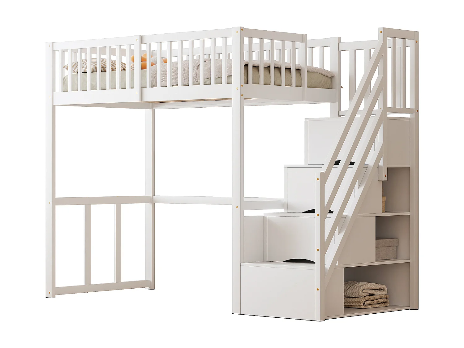 Kinderhochbett - 90 x 200 cm - mit Stauraum in der Treppe - Holz + MDF - weiß