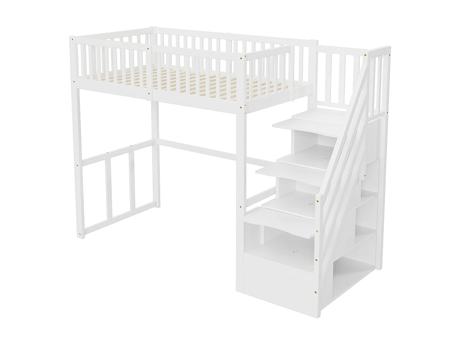 Kinderhochbett - 90 x 200 cm - mit Stauraum in der Treppe - Holz + MDF - weiß