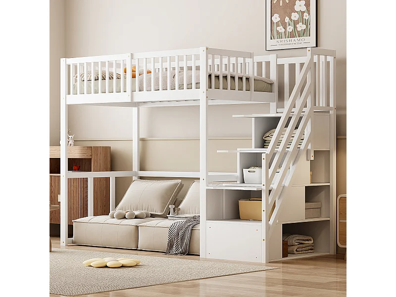 Kinderhochbett - 90 x 200 cm - mit Stauraum in der Treppe - Holz + MDF - weiß