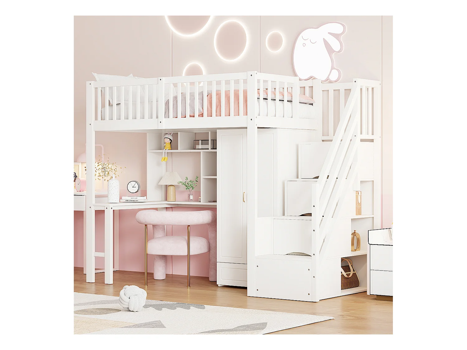 Lit mezzanine enfant - 90 x 200 - avec penderie + table + escalier de rangement - bois - blanc