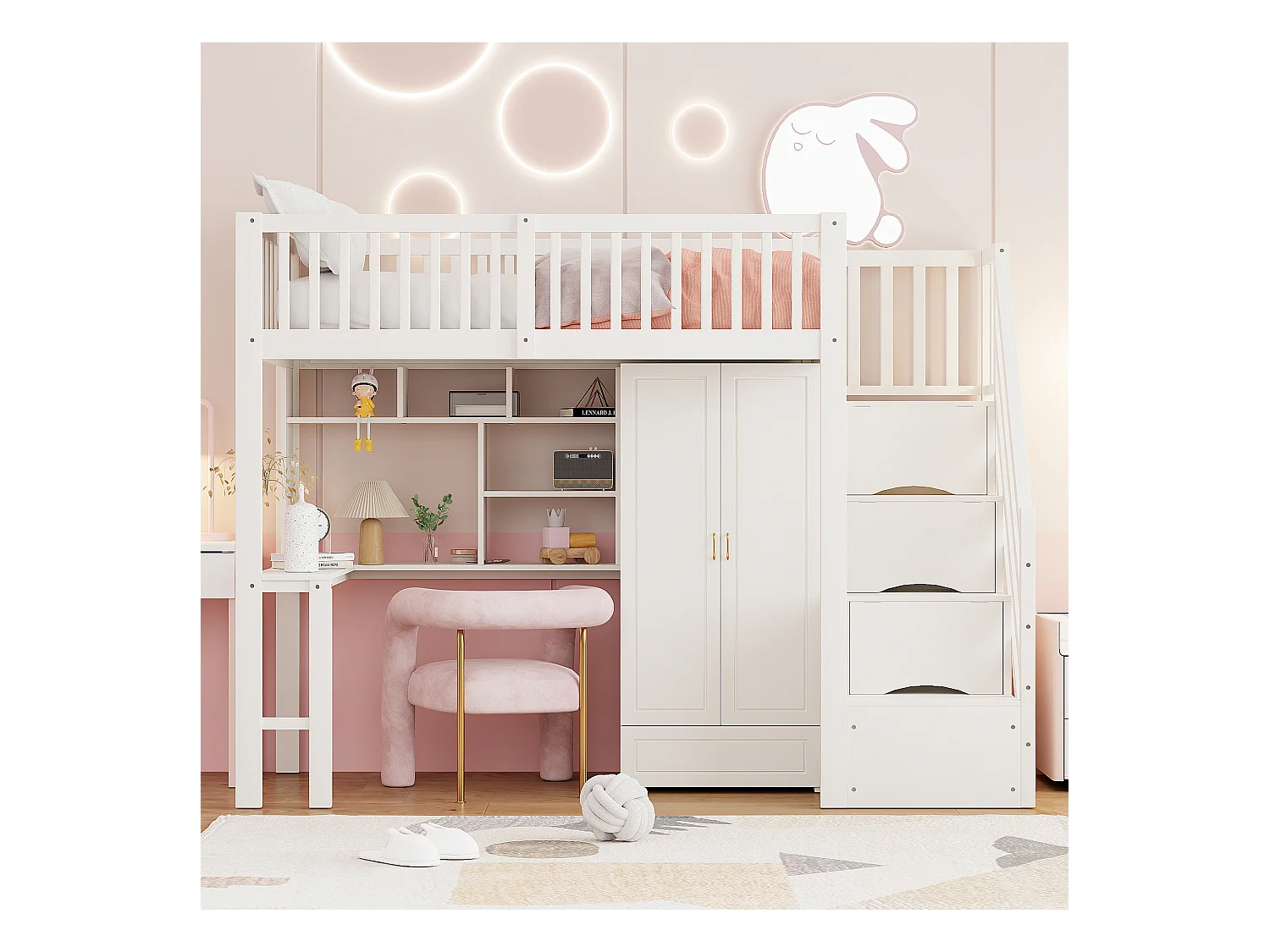 Lit mezzanine enfant - 90 x 200 - avec penderie + table + escalier de rangement - bois - blanc