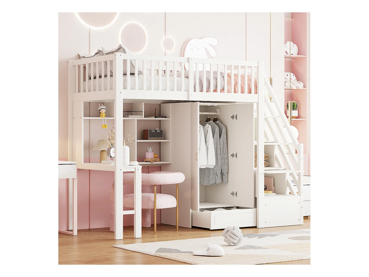 Lit mezzanine enfant - 90 x 200 - avec penderie + table + escalier de rangement - bois - blanc