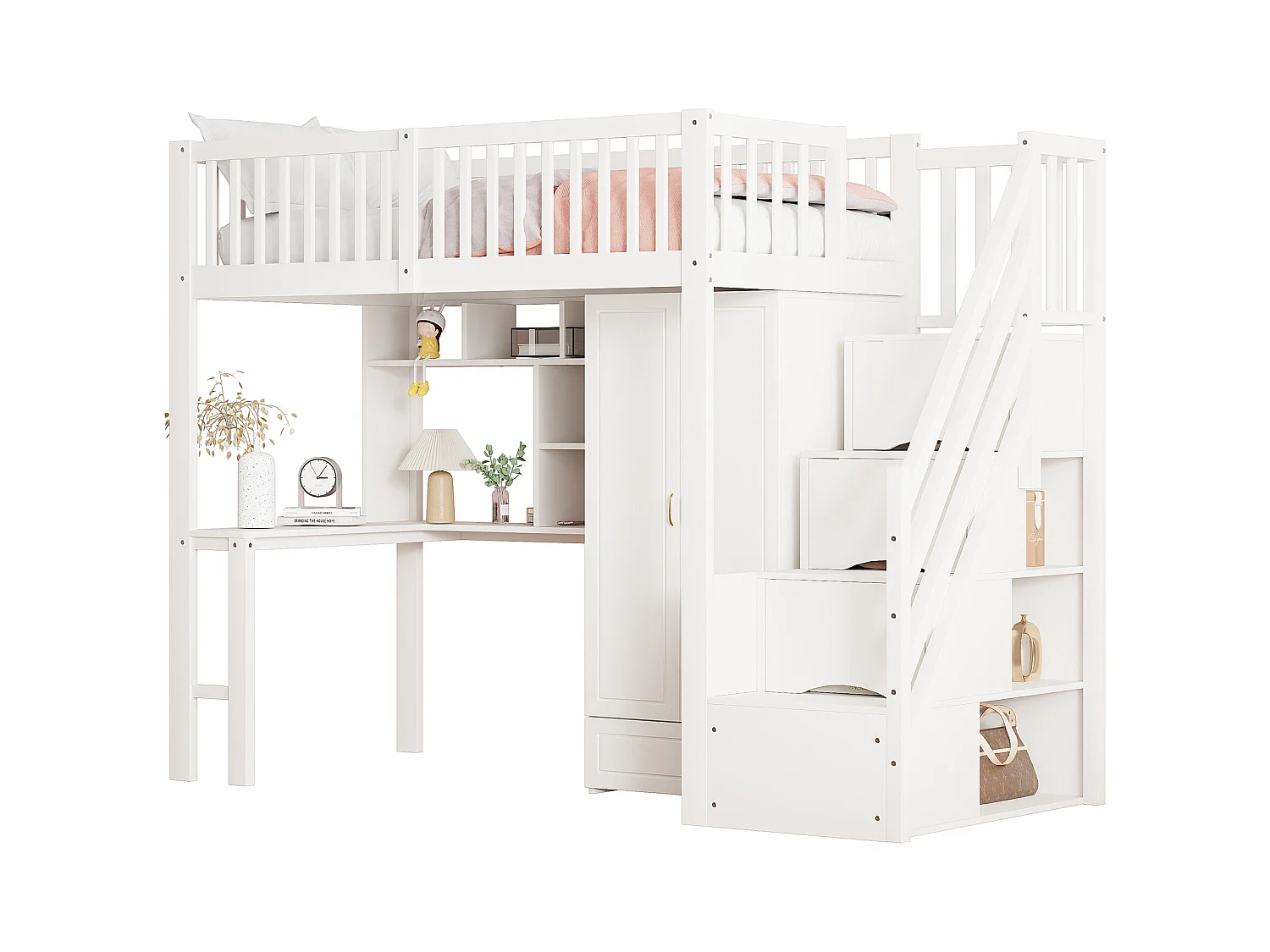 Lit mezzanine enfant - 90 x 200 - avec penderie + table + escalier de rangement - bois - blanc
