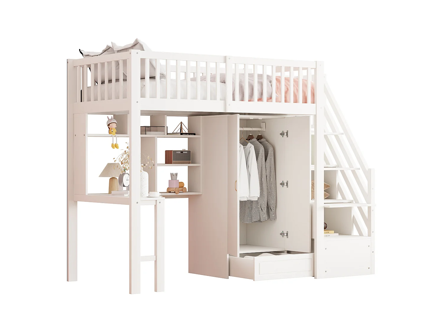 Lit mezzanine enfant - 90 x 200 - avec penderie + table + escalier de rangement - bois - blanc