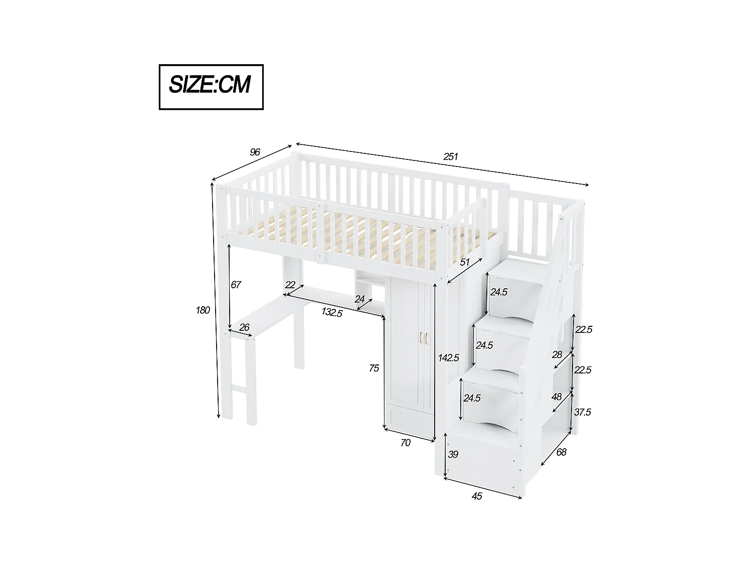 Lit mezzanine enfant - 90 x 200 - avec penderie + table + escalier de rangement - bois - blanc
