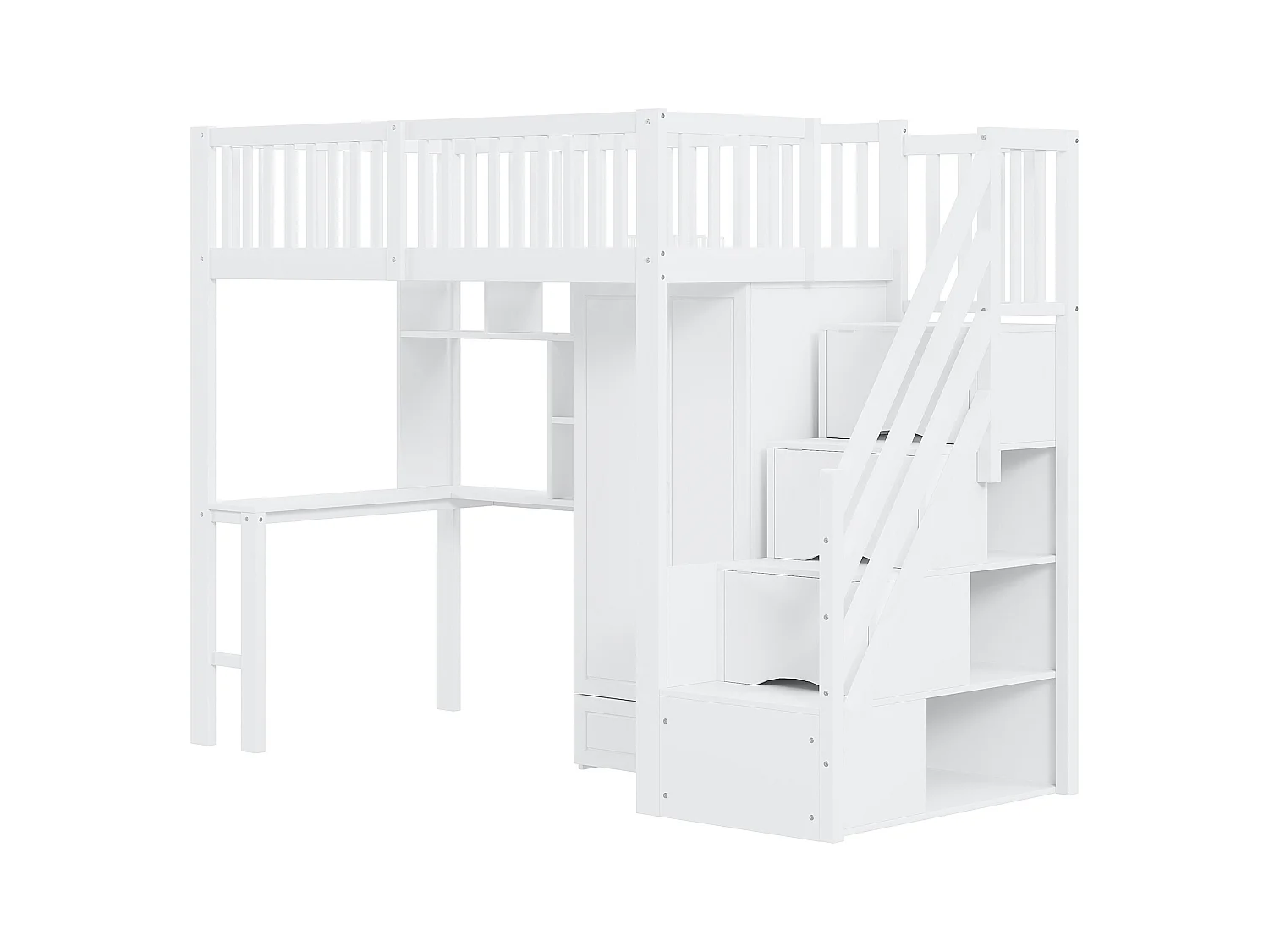 Lit mezzanine enfant - 90 x 200 - avec penderie + table + escalier de rangement - bois - blanc