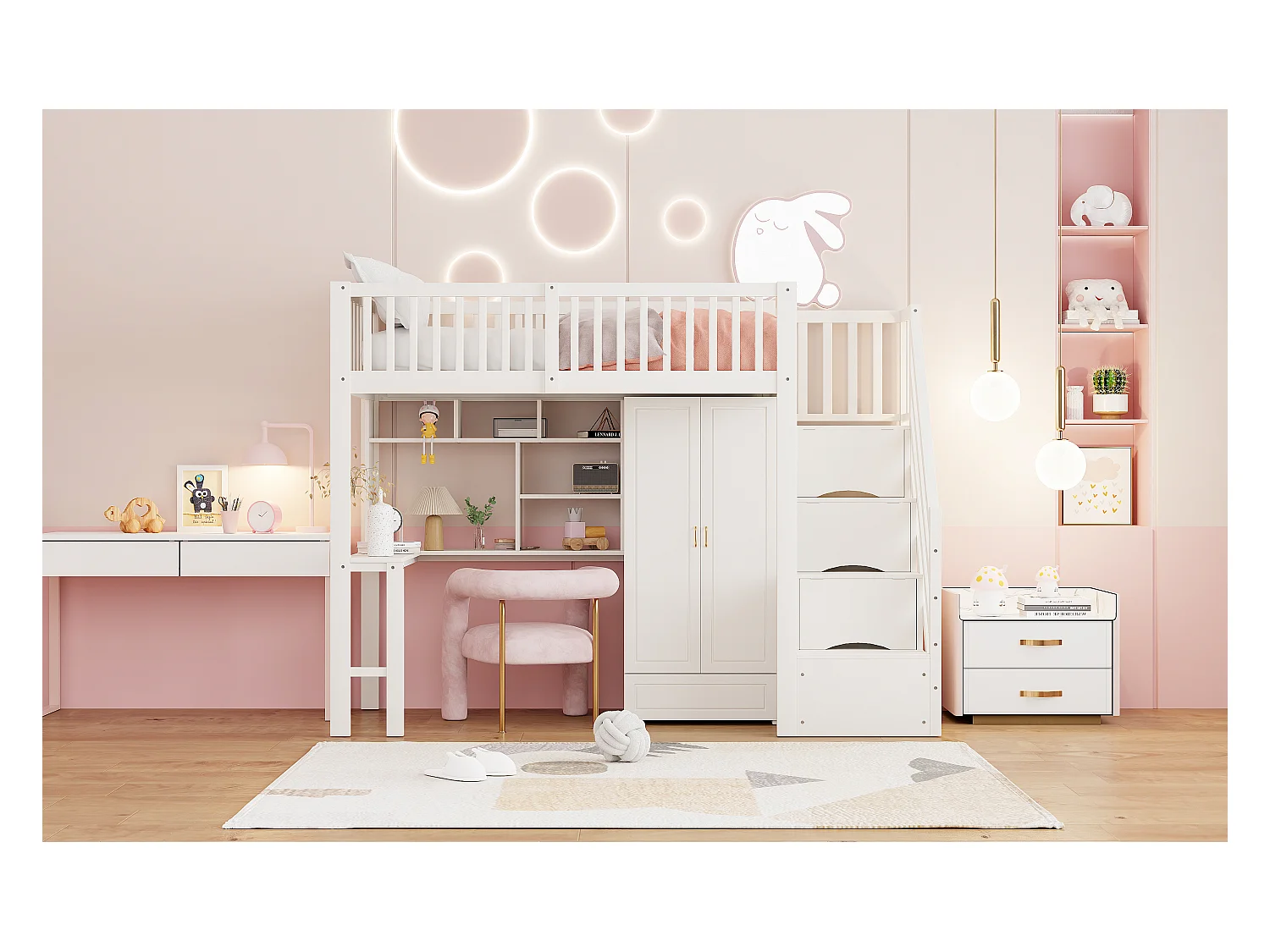 Lit mezzanine enfant - 90 x 200 - avec penderie + table + escalier de rangement - bois - blanc